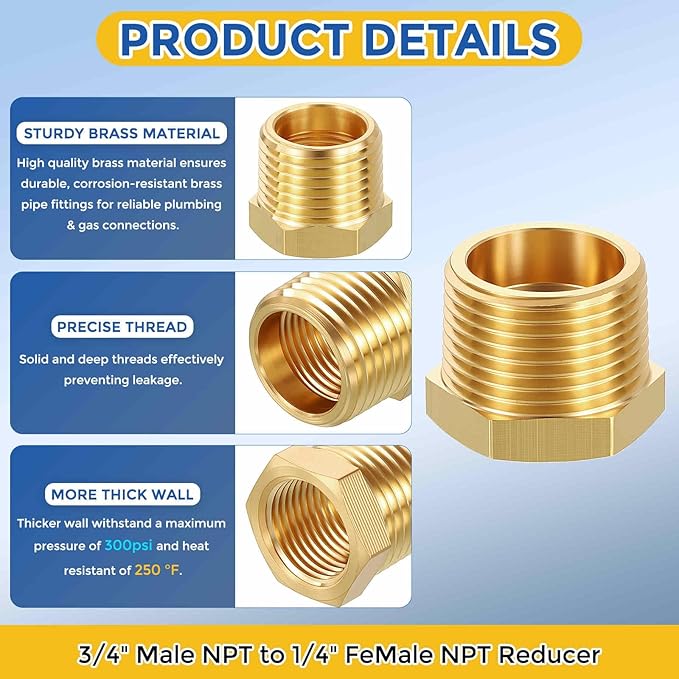 2 Pack Brass Pipe Fittings, 3/4" Male NPT to 1/4" FeMale NPT Brass Hex Bushing Reducer, Hose Tube Threaded Adapter Suitable for Air, Oil, LP, Gas