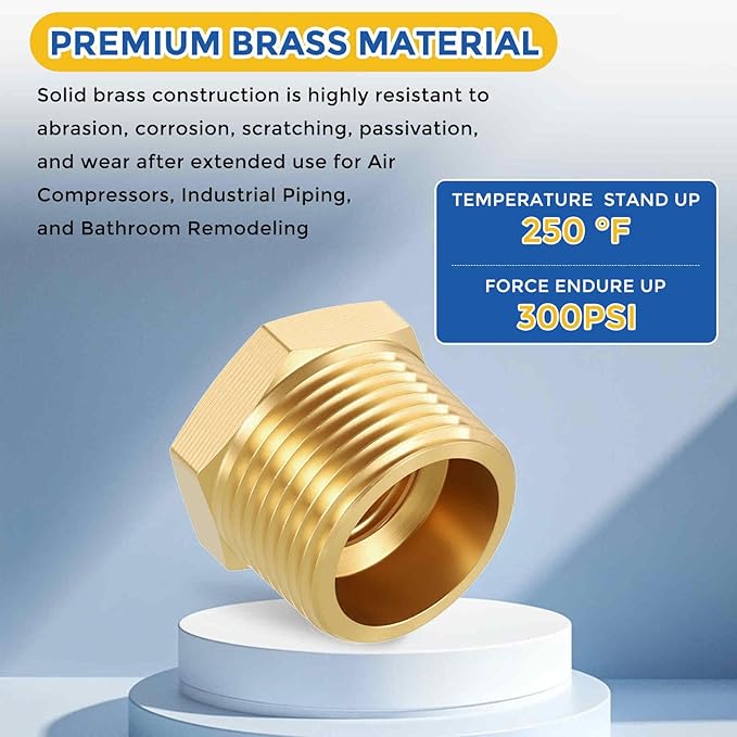 1 Pack Brass Pipe Fittings, 3/4" Male NPT to 3/8" FeMale NPT Brass Hex Bushing Reducer, Hose Tube Threaded Adapter for Air, Oil, LP