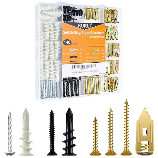KURUI Self Drilling Drywall Anchors Assortment Kit 140Pcs, 30 Sets Heavy Duty Plastic Expansion Anchor and 40 Sets Drywall Grip Anchors and Screws, for Hanging Wall Decor,Picture Frames,Shelves