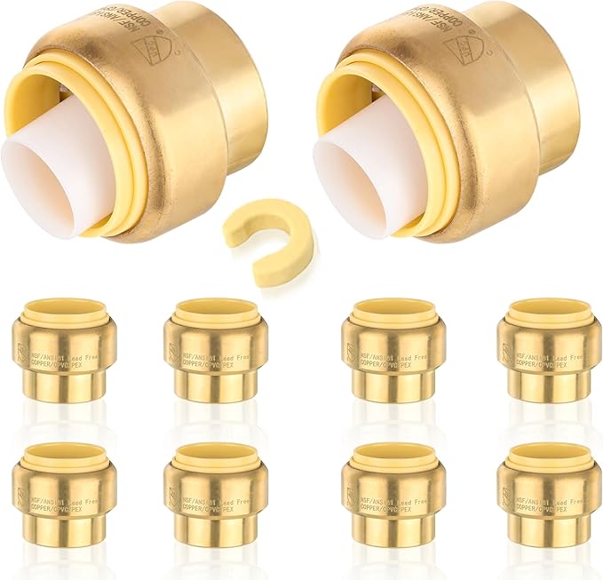 HeSun 10-Pack Pushfit Plug (End Cap), 1-Inch Push to Connect Plumbing Fittings with Disconnect Clip, Brass Push-fit Fittings for PEX, Copper, CPVC, PE-RT Pipes