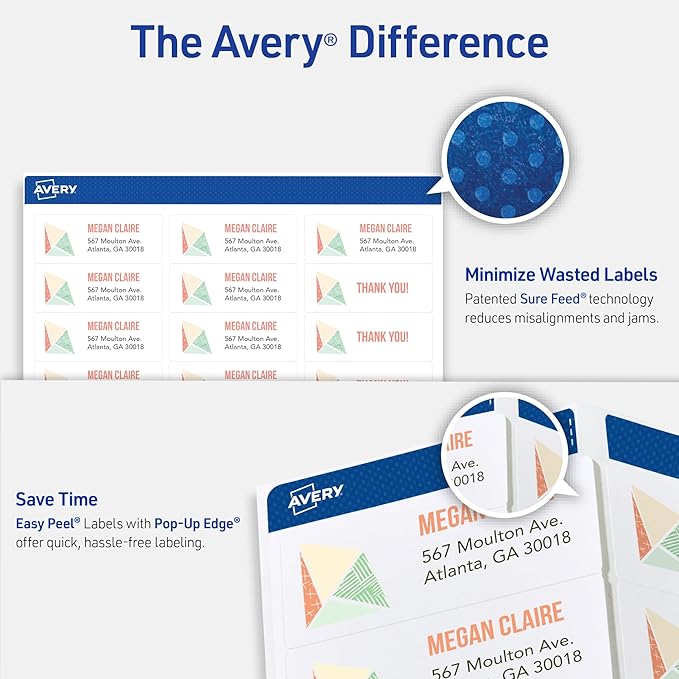 Avery Easy Peel Printable Address Labels with Sure Feed, 1" x 2-5/8" Customizable Stickers, White, 3,000 Blank Mailing Labels, Great for Mailing, Shipping, and More (5160)
