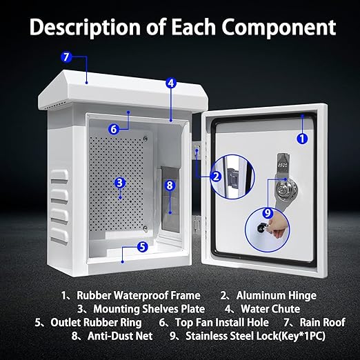 Outdoor Weatherproof Enclosure Electrical Box - 11.6x9.1x5.7 Outdoor Network Box Enclosure hinged Outdoor Galvanized Electrical Ventilation Design，Wall/Pole mounting kit (295x230x145mm)