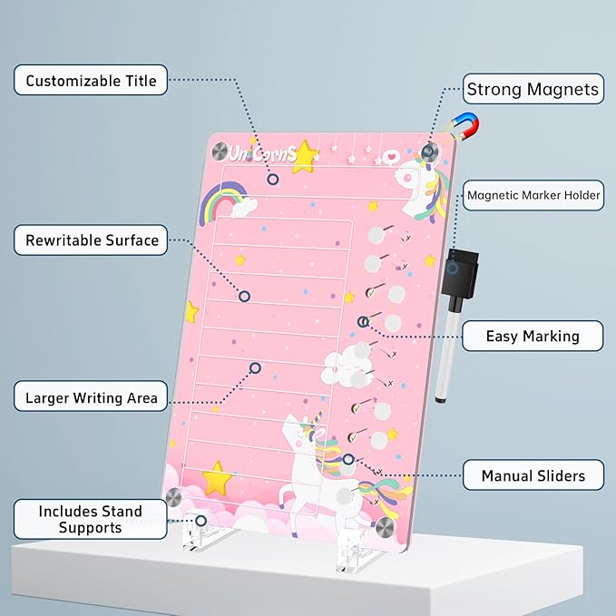 NiHome Acrylic Magnetic to Do List Planning Board with Sliders & Desktop Stand, Kids Chore Chart, Checklist Routine Chart Task Board for Fridge & Desk, for Magnetic Metal Surfaces Only (Pink Unicorn)
