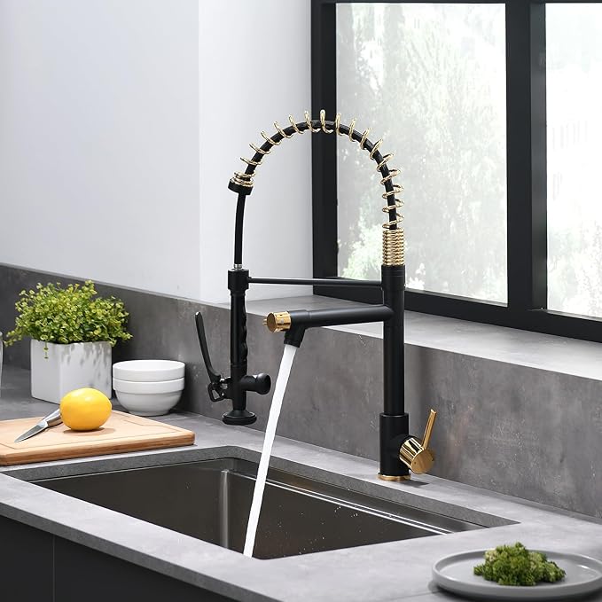 Fapully Black&Gold Kitchen Faucet with Sprayer,Commercial Pull Down Kitchen Faucet for Kitchen Sink
