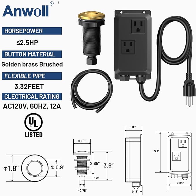 Garbage Disposal Air Switch Kit, Professional Dual Outlet, Solid Brass Cover in Brushed Gold, UL Listed Sink Top Button, Compatible with Moen Faucets