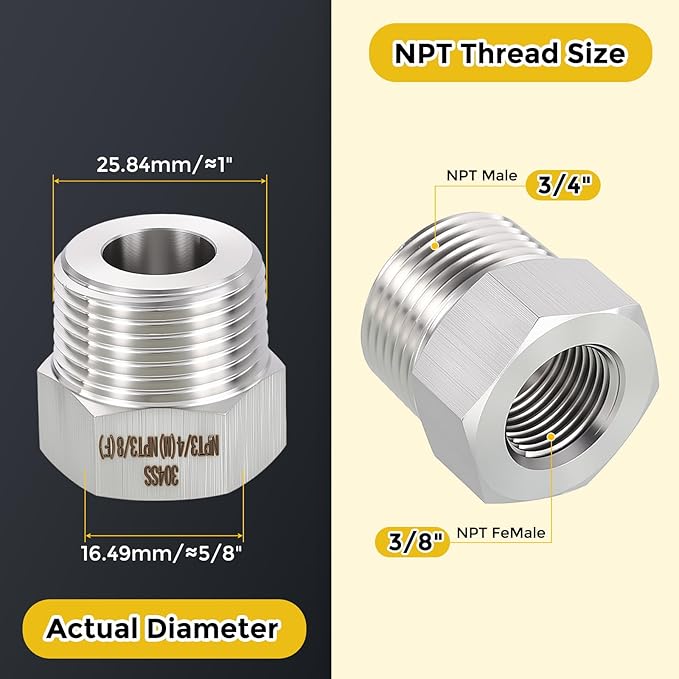 METALLIXITY 5PCS 3/4" Male NPT x 3/8" FeMale NPT Thread 304 Stainless Steel Hex Bushing Extension Tube Adapters Convert for Water Tub Spout/Shower