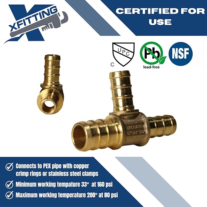 XFITTING 1/2 inch x 3/8 inch x 3/8 inch Pex Tee, Pex B Reducing Tee Crimp Version 25-5-3=25X, 25 Pieces