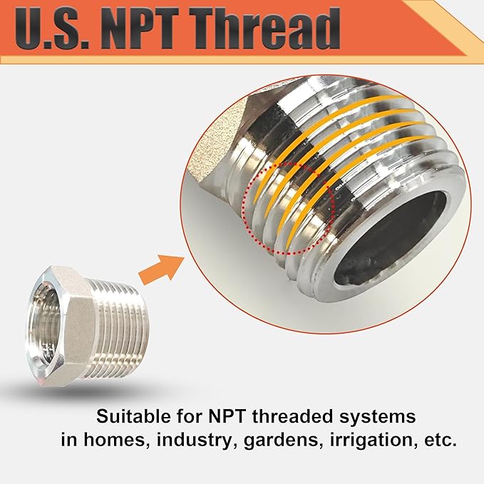 3/4" NPT Male to 3/8" NPT Female Reducer Bushing, 304 Stainless Steel Pipe Hex Bushing NPT Male to Female Reducing Adapter Pipe Fitting for Reducing Pipe (3/4mnpt x 3/8fnpt)