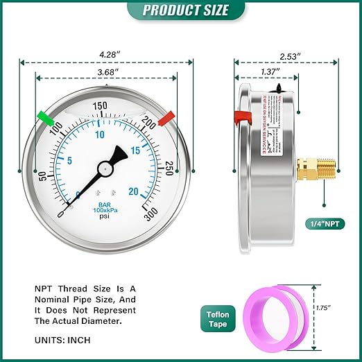 0-300PSI Stainless Steel Liquid Filled Pressure Gauge, 4" Dial Size, 1/4" NPT Back Mount, for Tube, Water Pump, Gas, Liquid, Pressure Test (with Range Mark Pointer)