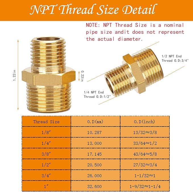 2Pcs 1/2" NPT x 1/4" NPT Solid Brass Fitting Pipe Fitting, 1/2 to 1/4 Hose Adapter Brass Hex Fitting, 1/2 to 1/4 Male to Male NPT Threaded Reducing Union Fitting