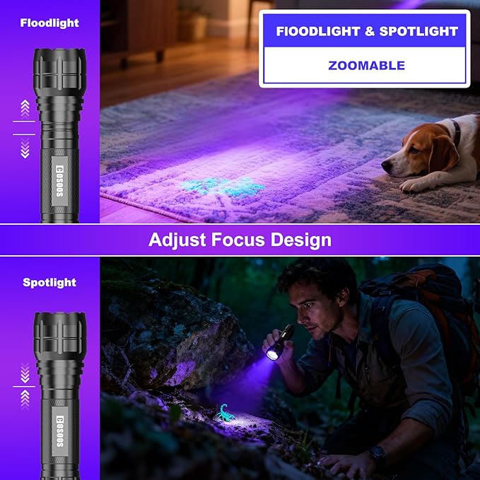 COSOOS UV Flashlight 365m Black Light, Ultraviolet Flashlight with USB Rechargeable, Focusable Pet Urine Detector for AC Leak Detection, Scorpion, Curing Resin