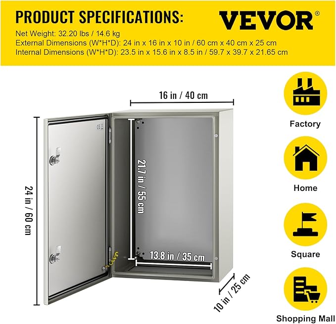 VEVOR NEMA Steel Enclosure, 24 x 16 x 10'' NEMA 4X Steel Electrical Box, IP66 Waterproof & Dustproof, Outdoor/Indoor Electrical Junction Box, with Mounting Plate