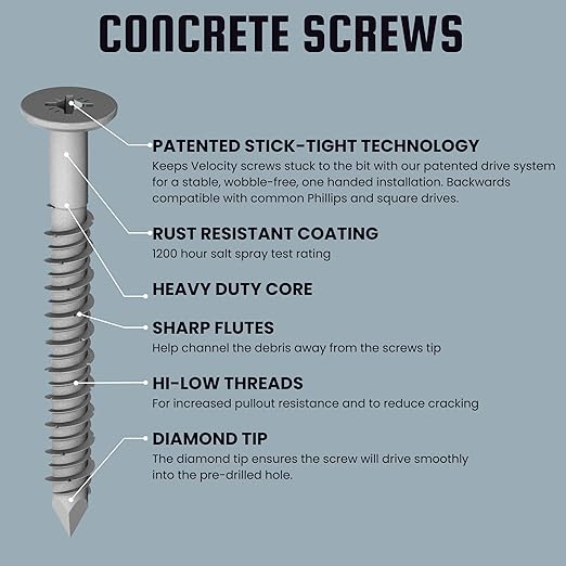 Velocity 2 1/4 Concrete Screws Set (Flat Head, 1/4") – Includes 12 Pcs High-Performance Masonry Screws, Stick Tight Technology, 1 PSD ACR Drive Bit and 1 Carbide Concrete Drill Bit Brick Screws