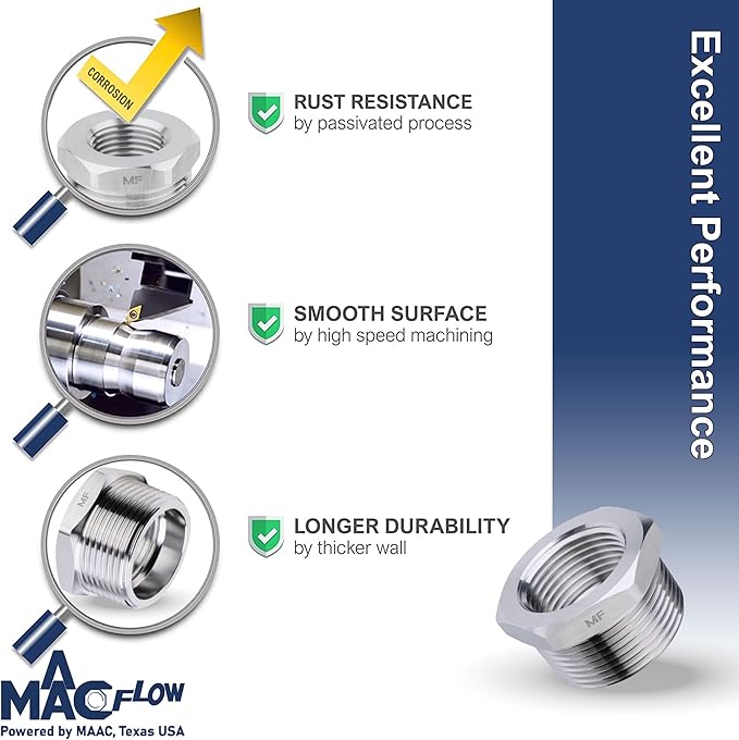 MAACFLOW Stainless Steel 1/2" Male NPT to 1/4" Female NPT Adapter Reducer Hex Bushing (Thread OD 0.81" - ID 0.44") (Pack of 1)