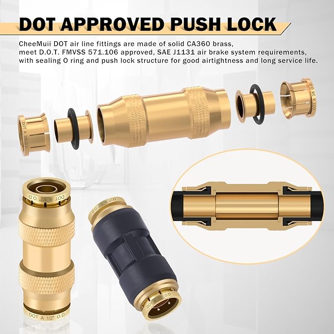 CheeMuii 32 PCS DOT Air Line Fittings Kit DOT Push Lock Air Fittings Brass and Plastic Quick Connect Straight Unions 1/8" 5/32" 1/4" 3/8" 1/2" 5/8" 3/4" Air Hose Fittings Assortment