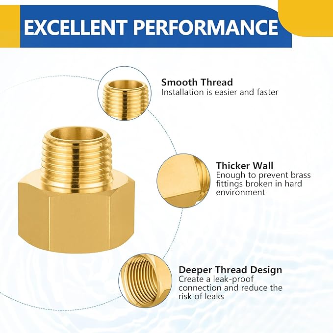 5 PACK GUOFIS Brass Pipe Fittings - 1/2" Male NPT x 3/4" Female NPT Reducing Adapter to Alter Pipe Diameters(NPT037-5Pack)