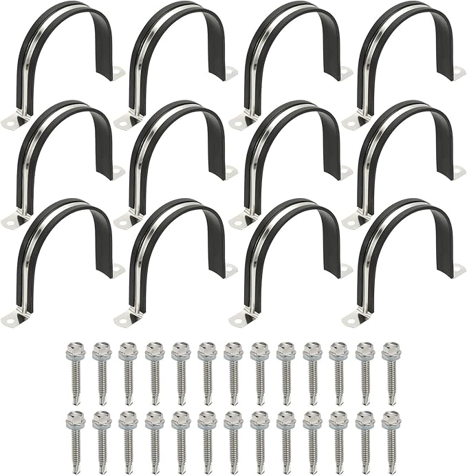 PATIKIL 12Pcs Pipe Clamps, 3-1/2 Inch 304 Stainless Steel Rubber Cushioned U Bracket Conduit Clamps Pipe Strap Wire Clips with Hexagonal Screw for Tube Hose Cord Installation, 89mm