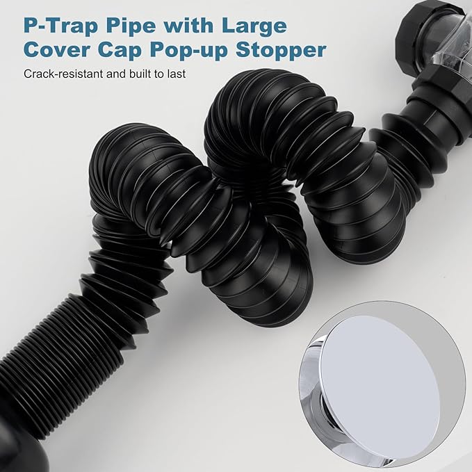 iFealClear Bathroom Sink Drain Kit, Flexible P-Trap Drain Pipe with Pop Up Stopper, Sink Pipe Replacement with 2 Adapters, Fits 1-1/4'', 1-1/2'', 2" Holes, Big Cover Cap, Brass Bounce Core, Chrome