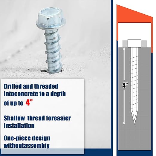 Tandefio 40 Pack 3/8" x 4" Concrete Screw Anchor Galvanized Large Diameter Heavy Duty Plated Concrete Anchors for Masonry Brick Anchoring Block Decking Framing Hex Drive