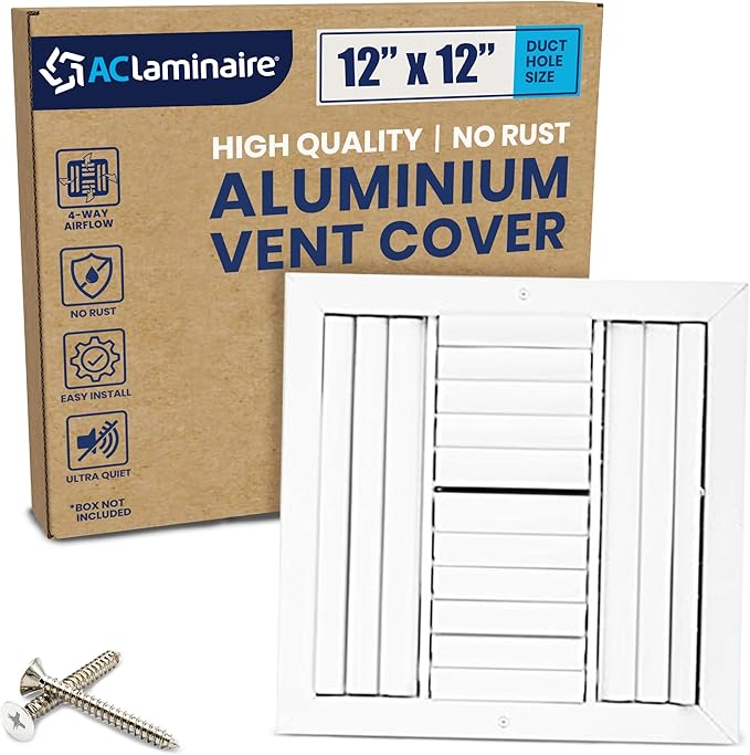 12x12 Inch (Duct Opening) Aluminum 4-Way Air Flow Vent – HVAC Vent Cover for Wall or Ceiling – Quiet HVAC Wall Register - Multi-Shutter Damper – Adjustable Curved Blade - Plastic Seal for Tight Fit