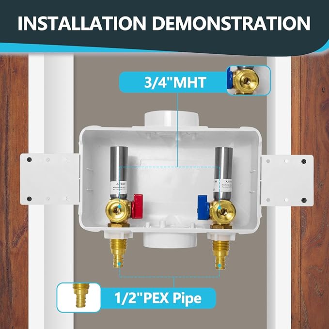 Washing Machine Outlet Box, Center Drain, 1/2 Inch Pex Crimp Inlet x 3/4 Inch MHT Outlet Connection, with Stainless Steel Water Hammer Arrestor (Pack of 50)