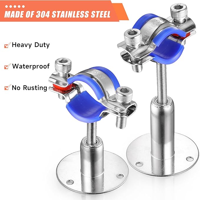 6PCS 304 Stainless Steel Wall Mount Ceiling Mount Pipe Supports,Suitable for OD Pipe 32-34mm,Adjustable Height 30-50mm,Adjustable Pipe Strap Clamp with Screws