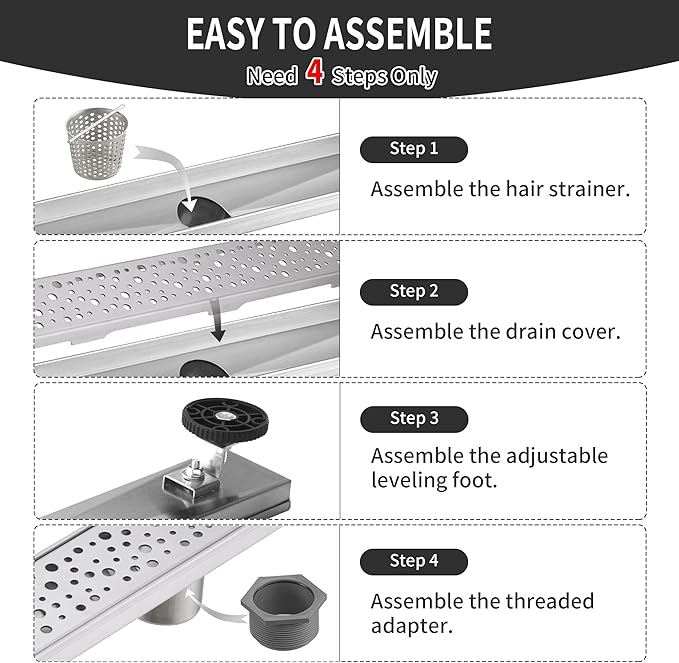 Linear Shower Drain 24 Inch, Bubbles Shower Drain SUS-304 Stainless Steel, 51L/Min Fast Drainage Floor Linear Drain, US Standard CUPC Certified, Brushed Silver, SD-099
