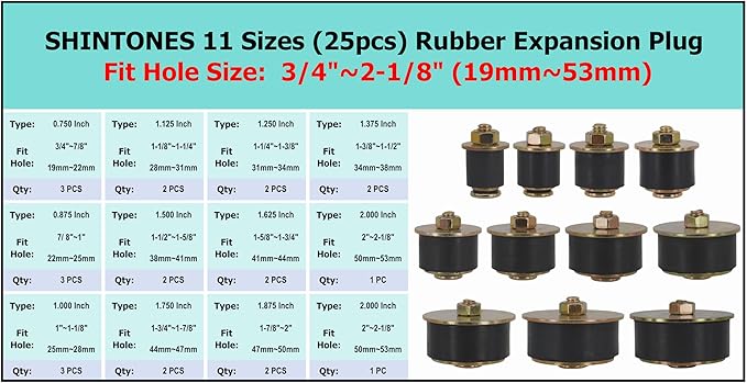 25pcs Automotive Rubber Expansion Plug, 11 Sizes Rubber Expandable Freeze Plugs Kit Fit Hole Size:3/4"~2-1/8" (19mm~53mm)