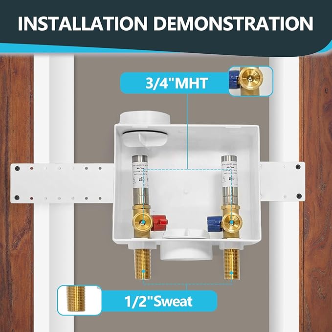 Washing Machine Outlet Box, Center Drain/Side Drain, 1/2 Inch MIP Sweat Inlet x 3/4 Inch MHT Outlet Connection, with Stainless Steel Water Hammer Arrestor (Pack of 2)(WM006-2Pack)