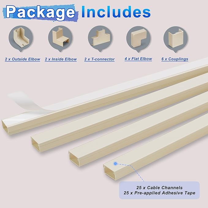 392.5in Wire Covers for Cords Kit - Beige Cord Cover, Wall Wire Hiders, TV Cable Hider, Cord Hider - Mounted TV, Cord Concealer - 25 x 15.7 W 0.95H 0.55in