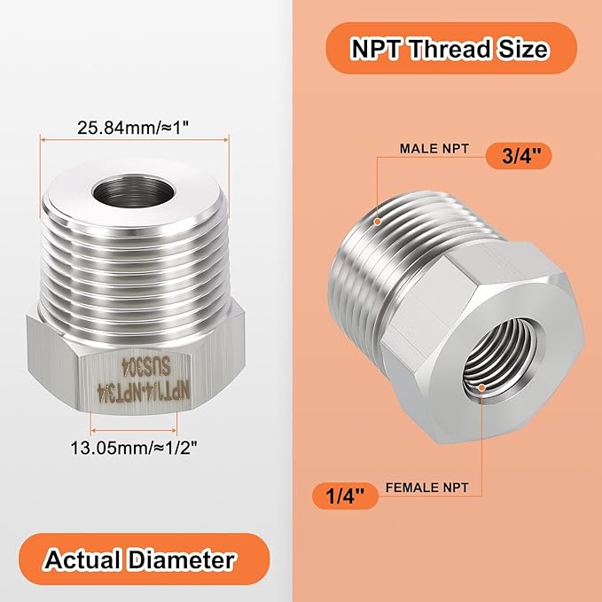 1 Pack 304 Stainless Steel Male to FeMale Adapter, 3/4" Male NPT x 1/4" FeMale NPT Hex Bushing Reducer for Industrial, Automotive, Fluid Transfer, Home Gardening, Water Treatment