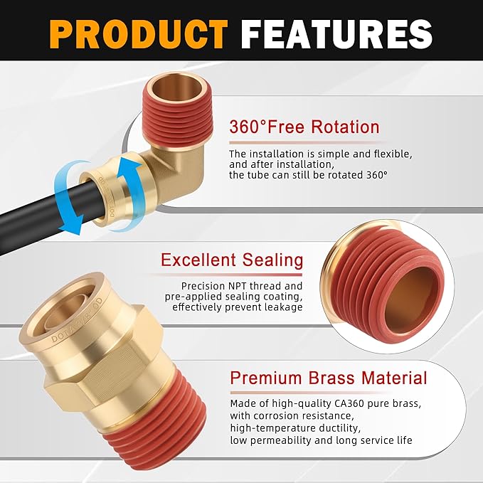 5PCS Quick Push to Connect Fittings, Brass Union Straight DOT Approved 1/4" Tube OD x 1/4" NPT Thread Air Line Adapter for Truck Trailers and Air Brake System