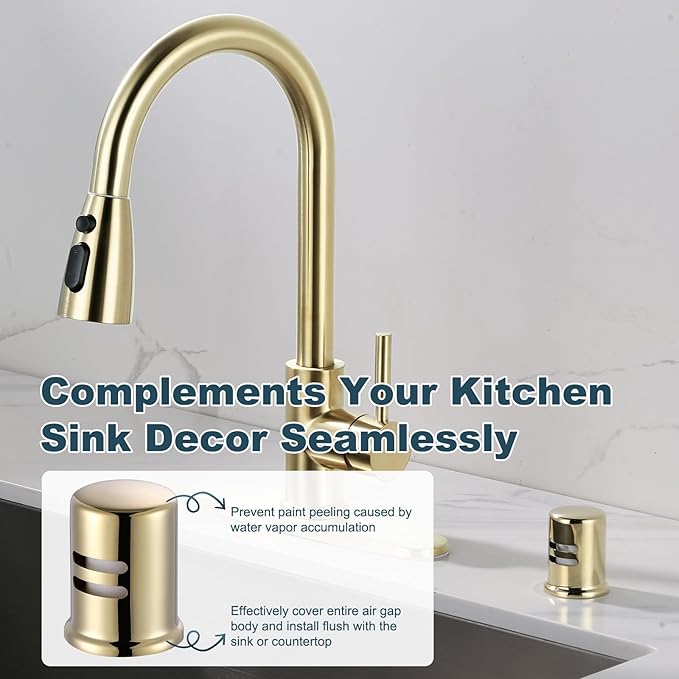 Dishwasher Air Gap Cover, Dishwasher Air Gap Cap for Kitchen Sink, Solid Brass Dishwasher Overflow Vent Cap Replacement Kit, Polished Brass