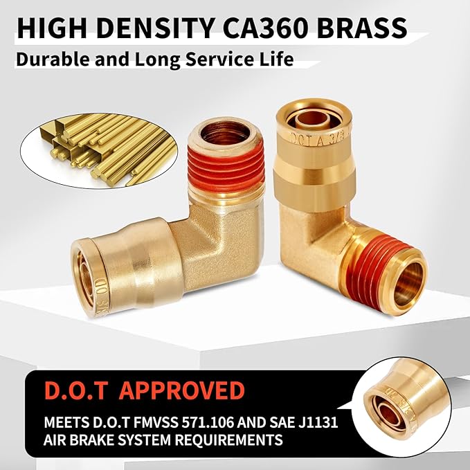 1/4 Brass Push to Connect Fittings 3/8" OD x 1/4" NPT Thread Male Elbow DOT Approved Air Brake Quick Connect Fittings Air Line Suspension Kit for Truck Trailers and Air System 2Pcs