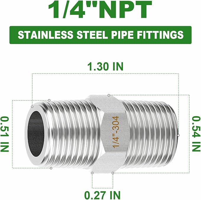 TAISHER 2PCS 304 Stainless Steel New Hex Nipple, 1/4" NPT Male x 1/4" NPT Male, Pipe Adapter Fitting