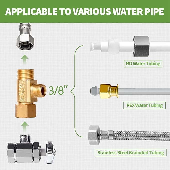 Lead-Free 6 PCS Brass Angle Stop Add-A-Tee Valve 3/8" Female by 3/8 Inch by 3/8-Inch Male T Extender Water Compression Easy Connect Tee (Pack of 6)