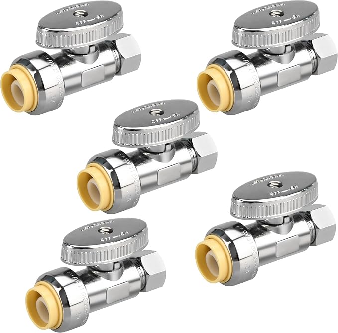 5pcs Stop Valves, 1/2" × 3/8" Straight Stop Valve, 1/2" PTC Input, 3/8" OD Compression Output, Push to Connect, 1/4 Turn, Chrome Plated Brass for Faucet, Toilet Valves, No Lead