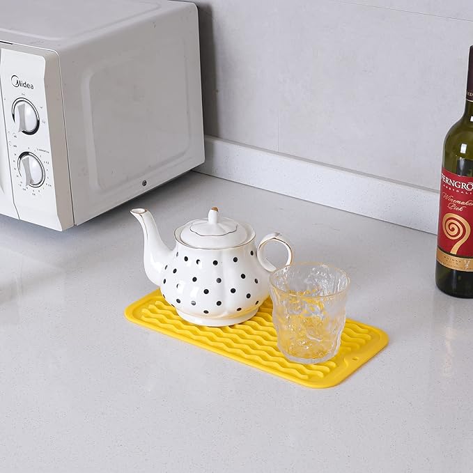 Silicone Dish Drying Mat for Multiple Usage,Easy clean,Eco-friendly,Heat-resistant Silicone Mat for Kitchen Counter or Sink,Refrigerator or Drawer Liner Yellow S 12 inches x 6 inches