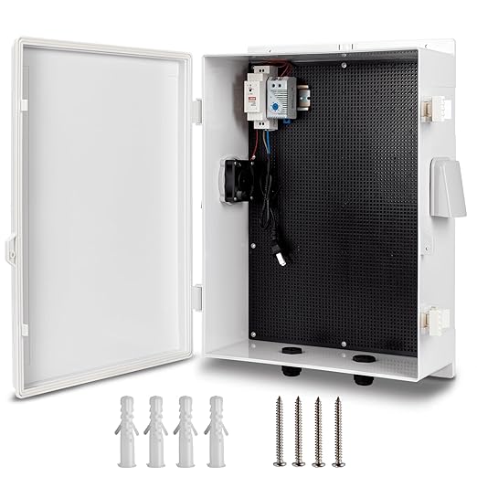 Outdoor Electrical Box with Thermostat and Fan, ABS Water Resistant Enclosure with Internal Mounting Panel & Hinged Cover, 18.1" H* 12.6" L* 6.3" W, Plug & Play.
