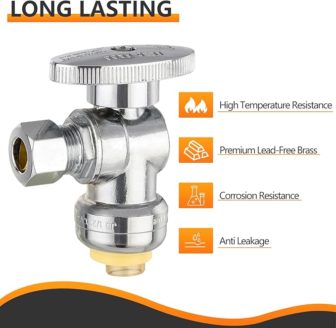 HeSun 20-PCs Push-Fit Angle Stop Valve, 1/2" Push x 1/4" OD Compression Angle Stop, 1/4 Turn Water Shut Off Valve for Bathroom with Disconnect Clip Tool