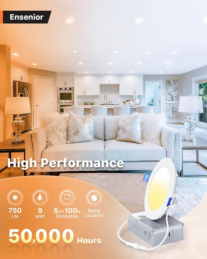 Ensenior 12 Pack 4 Inch Ultra-Thin LED Recessed Light with Junction Box, 2700K-6000K Selectable, 9W 75W Eqv, Dimmable, 750LM High Brightness - ETL Certified