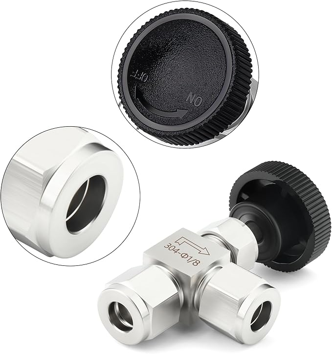 TAISHER 1PCS 304 Stainless Steel Compression Tube Square 90 Degree Needle Valve 1/8"" Tube OD x 1/8"" Tube OD For Flow Control Water Gas Oil, Silver