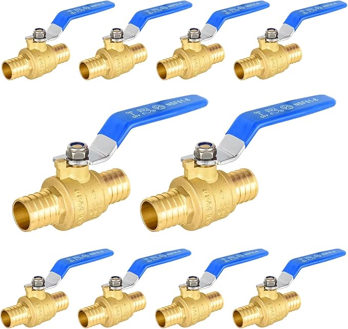 10-Pack Foskan 1 Inch PEX Crimp Full Port Ball Valve with Blue Handle, Brass Quarter Turn Shut-off Valve for PEX Tubing