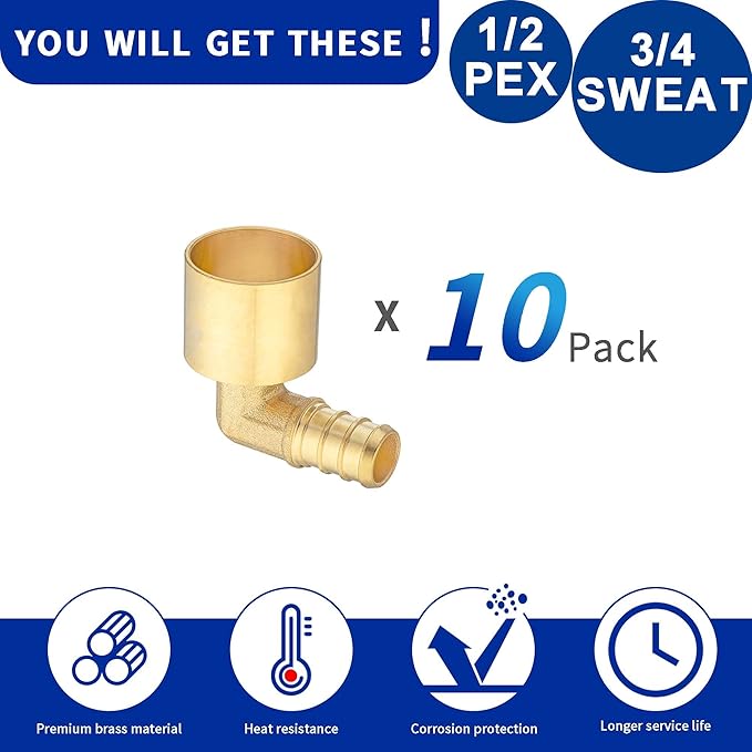 (10 Pack) Lidertik Copper to Pex Fittings Elbow, 1/2" Pex B F1807 x 3/4" Female Sweat Elbow Adapter Brass LI-APXFSE1234 (10 Pieces)