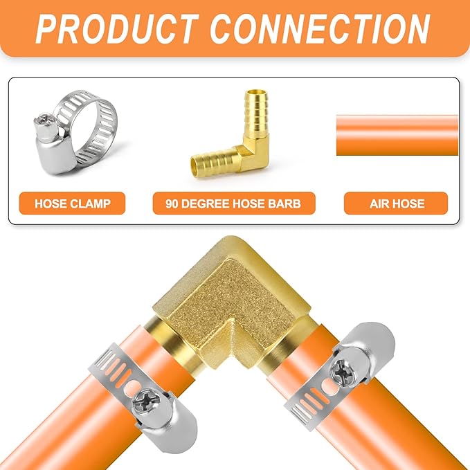 GASHER 20 Pieces Brass Hose Barb Reducer, 3/8 Inch to 3/8 Inch Hose ID 90 Degree L Right Angle Elbow with 40 Hose Clamps, Brass Barb Reducer SPLICER Fitting Fuel/AIR/Water/Oil/Gas/WOG