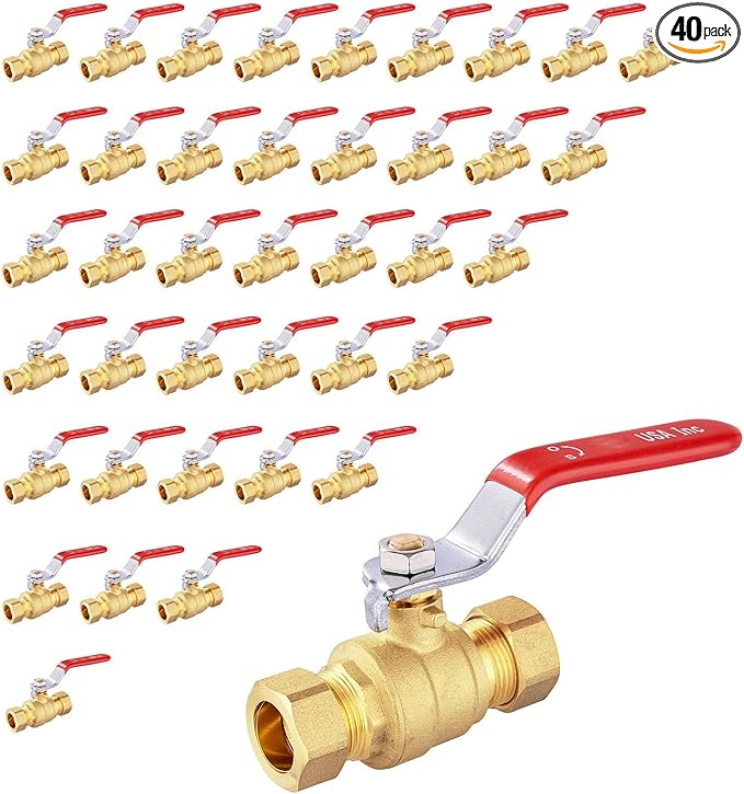 1/2" Ball Valve, 40 Pack Compression Shut Off Valves Red, Quarter Turn Brass Full Port Shut Off Ball Valve for Hot and Cold Water, NSF/ANSI 61 Certified