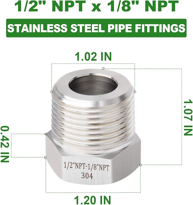 TAISHER 5PCS Forging of 304 Stainless Steel Reducer Hex Bushing, 1/2" Male NPT to 1/8" Female NPT, Reducing Forging Pipe Adapter Fitting