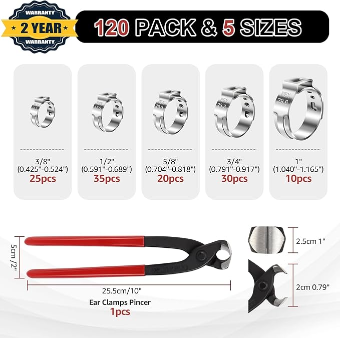 120PCS 5 Sizes PEX Clamps Kit with Plier, 1/2'', 3/4'', 3/8”, 5/8'', 1'', Premium 304 Stainless Steel Cinch Crimp Rings, PEX Tool Kit Assortment for PEX Tubing Pipe Fitting Connections By Hydencamm