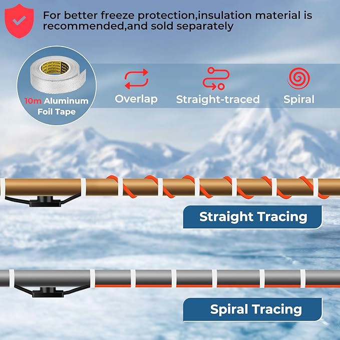 15FT Heat Tape for Water Pipes Freeze Protection IP65 Waterproof 7W/FT 110V BDDFOTO Water Pipe Heat Cable With Thermostat Self-Regulating Pipe Heater for House Garden/RV Camper