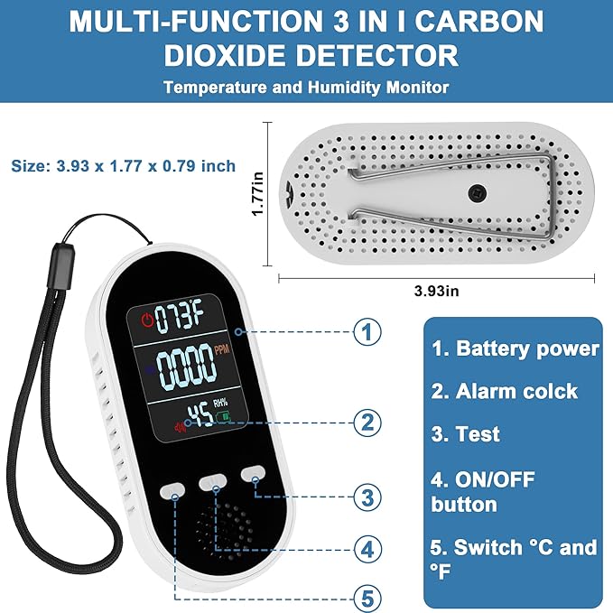 Portable Carbon Monoxide Detector Mini air Quality Monitor with Lanyard Alarm, CO Gas/Humidity Sensor/Indoor/Outdoor Thermometer, Battery Powered LED Screen